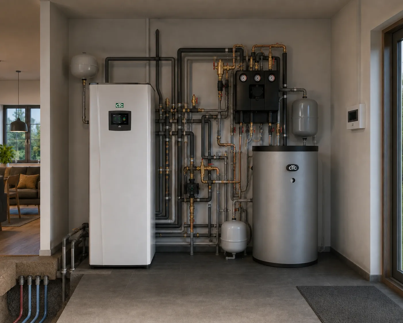 Färdig installation av CTC-värmepump med ackumulatortank